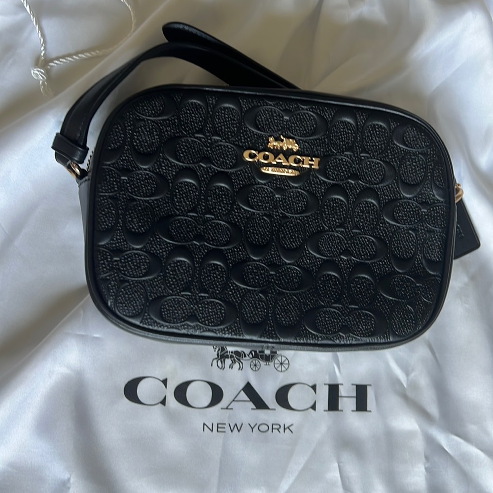Coach Black Embossed Signature Leather Crossbody Bag with Gold Logo
